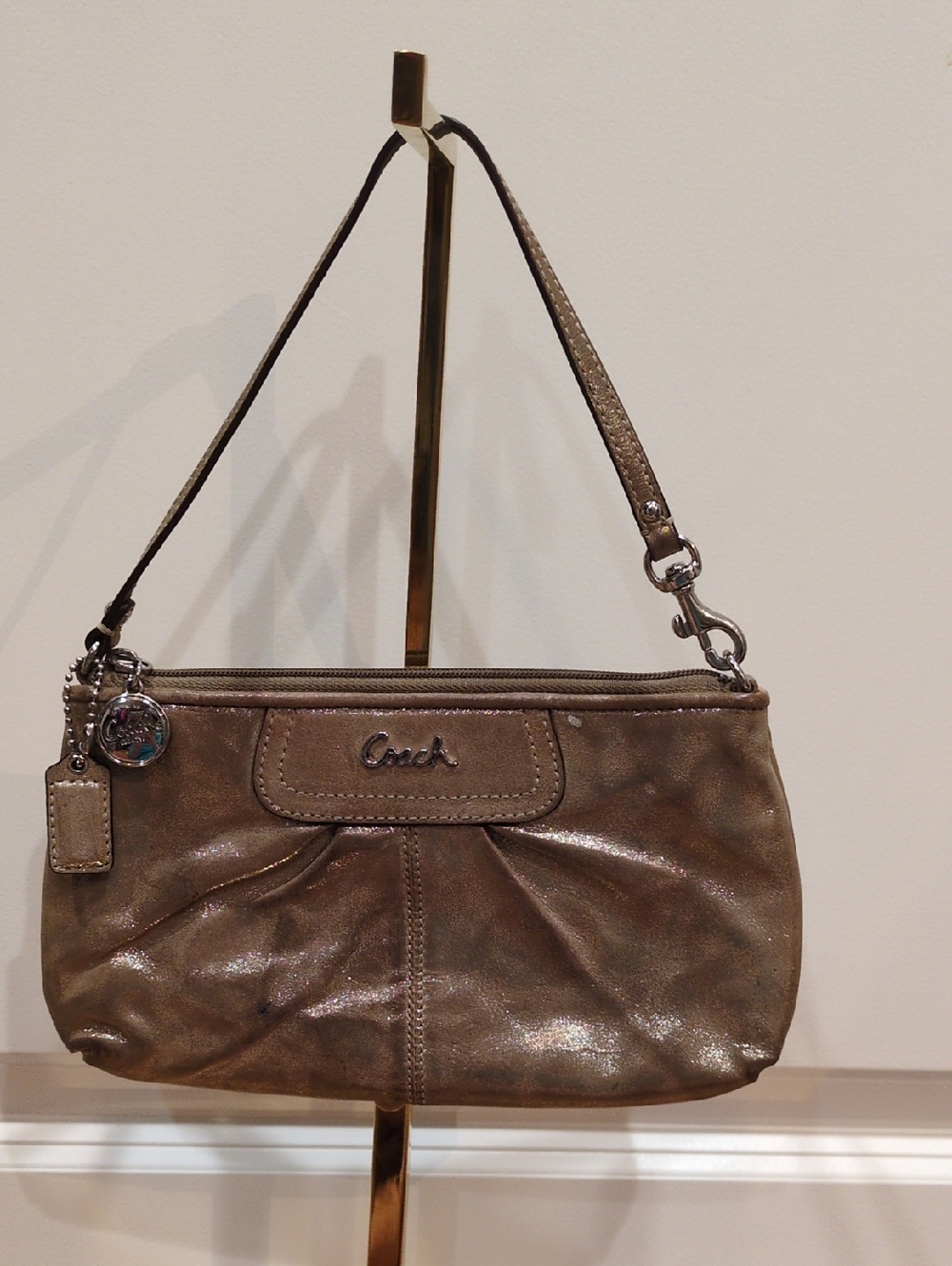 Coach Ashley Metallic Gold Bronze Leather Wristlet Clutch Tight Shoulder Purse